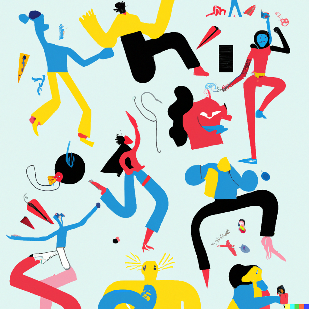A group of very diverse human beings each expressing themselves in a different way such as dancing, singing, doing exercise, working, crafting, painting, chatting, digital art style
